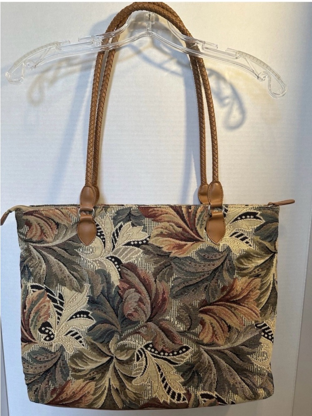 Coldwater Creek Multicolor Floral Tapestry Tote with Braided Tan Handles